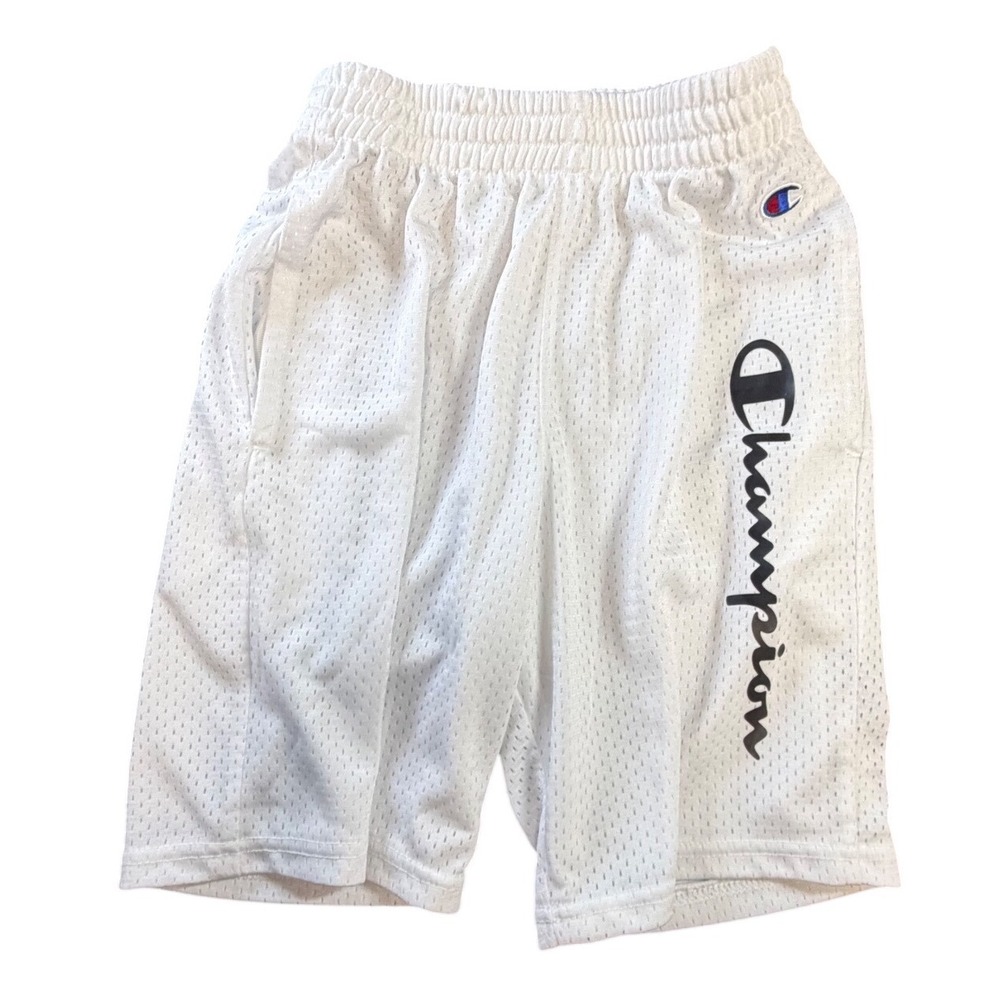 Champion Kids White Mesh Athletic Basketball Shorts Size Medium Script Logo K2
